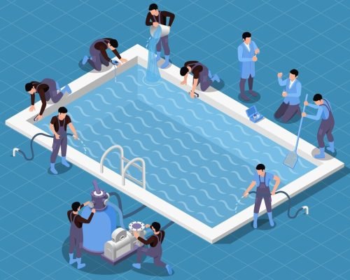 swimming-pool-maintenance-service-isometric-composition-with-rectangular-pool-surrounded-by-workers-uniform-with-tools-vector-illustration_1284-79110